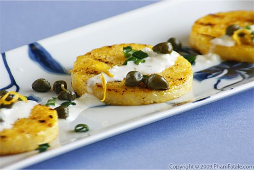 grilled polenta with a creamy lemon caper goat ricotta cheese sauce
